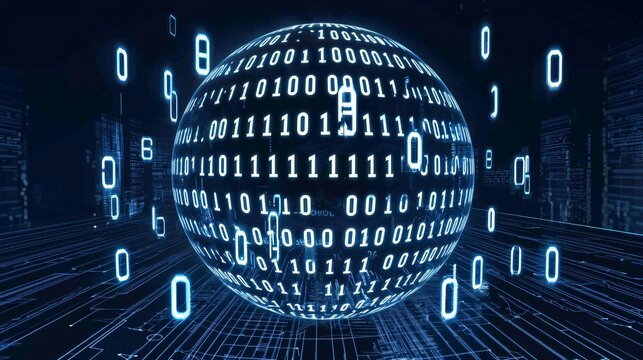 holographic ball with binary numbers floating in a circular pattern around it, set against a dark, futuristic background, representing digital innovation. holographic ball, floating binary, 