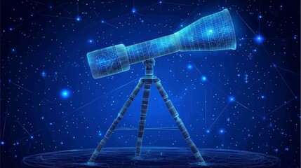 Digital telescope on a tripod looking at outer space with blue background