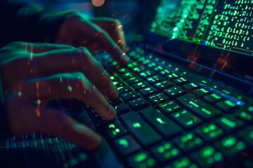 Close-up view of hands typing on a futuristic, glowing keyboard with an overlay of green data-related graphical elements evoking digital technology and cybersecurity. A concept representation of