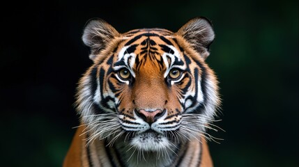 Fototapeta premium Close-up portrait of a majestic tiger, staring directly at the camera against a dark background.