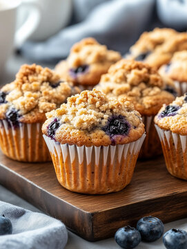 Freshly baked blueberry muffins with crumb topping on a wooden board in a cozy kitchen setting