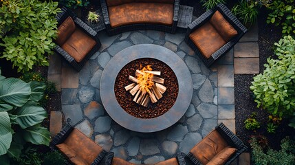 Aerial View of a Stunning Round Metal Fire Pit with Natural Wood Kindling in an Inviting Outdoor Patio Setting