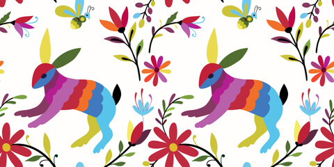Folk Otomi style graphic, wallpaper. Colorful Mexican Traditional Textile Embroidery Style.