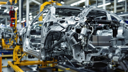 Fototapeta premium Complex Components of Vehicle Chassis on Automotive Factory Line