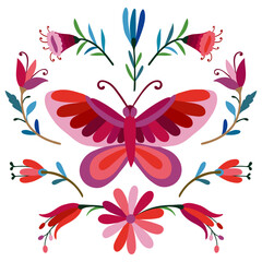 Folk otomi style graphic, wallpaper. Colorful Mexican Traditional Textile Embroidery Style.