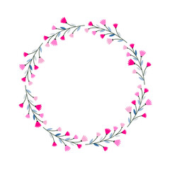 Fototapeta premium Floral wreath with pink flowers isolated on white background. Editable stroke