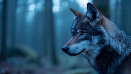 Obraz premium Majestic Wolf in Profile with Cinematic Foggy Forest Background, Captured During the Blue Hour