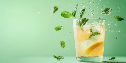 Flying glass of lemonade with mint leaves, with a pastel green background