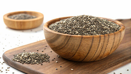 Healthy Chia Seeds in Wooden Bowl on Wooden Board