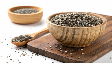 Healthy Chia Seeds in Wooden Bowl on Wooden Board