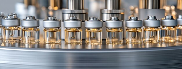 Close-up of a hand filling vials with hair dye in a high-tech industrial factory using advanced machinery