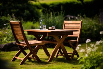 Obraz premium Charming picnic spot cozy table and chairs embraced by lush greenery in a minimalist setting