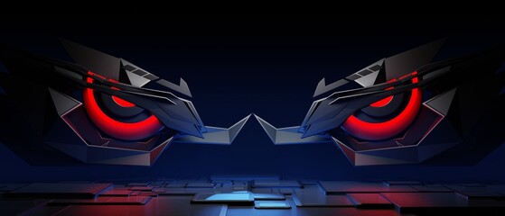 3d illustration rendering giant robot eye in technology futuristic fantasy metaverse cyberpunk sci-fi abstract background for gaming concept