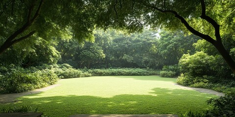 Naklejka premium Serene Garden Oasis: A tranquil garden scene featuring a meticulously manicured lawn encircled by lush greenery, dappled sunlight filtering through the leaves of the surrounding trees.