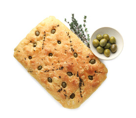 Delicious focaccia bread with olives and thyme isolated on white, top view