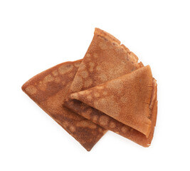 Delicious chocolate crepes isolated on white, top view