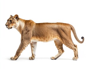 Obraz premium Majestic Lion Striding with Confidence in Profile, Captured in a Studio Setting