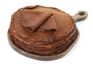 Stack of delicious chocolate crepes isolated on white