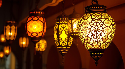 Beautiful glowing Arabic lantern (Fanous) with golden light on dark night sky background, with selective focus. Perfect for Ramadan, Eid al-Fitr, Islamic holidays, and traditional celebrations.