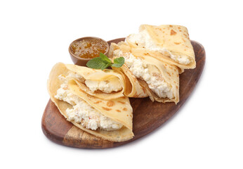 Delicious crepes with cottage cheese, jam and mint isolated on white