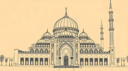 Obraz premium A highly detailed line art illustration of a grand mosque with elegant domes, towering minarets. Ideal for Ramadan Kareem, Eid celebrations, and Islamic architecture themes