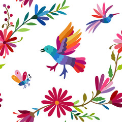 Mexican Otomi embroidery seamless pattern. Colorful Mexican Traditional Textile Embroidery Style.