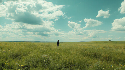 Fototapeta premium A lone figure stands in a vast, grassy field under a bright blue sky, adorned with fluffy white clouds. The serene landscape evokes a sense of peace and solitude.