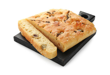 Pieces of delicious focaccia bread with olives and thyme isolated on white