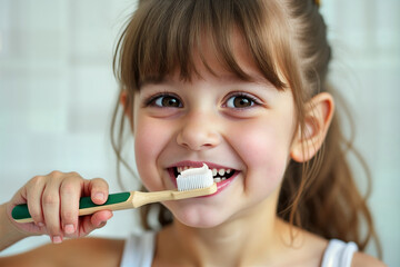 Happy kid girl holds toothbrush with toothpaste. Concept of maintenance of oral health.