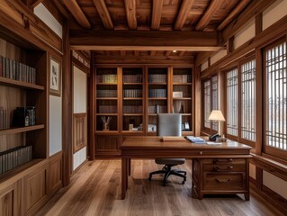 Fototapeta premium A beautiful wooden library filled with many books and furniture