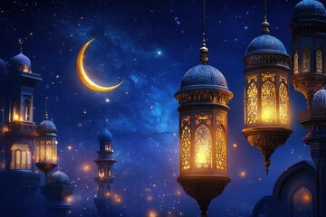 Obraz premium A photorealistic 3d render of ornate ramadan lanterns with glowing lights and islamic elements against a deep blue starry night for eid celebrations