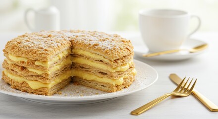 A delicate Napoleon cake with thin, flaky pastry layers and creamy custard filling, dusted with powdered sugar.