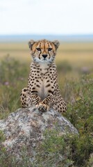 A cheetah relaxes in the glow of sunset over vast grasslands, showcasing its sleek fur and focused expression in a tranquil environment