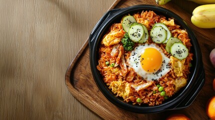 Korean Food Kimchi fried rice Dish top view on a wood brown background