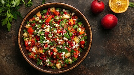 Persian food Salad Shirazi Dish top view on a dark brown background
