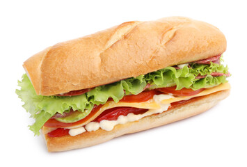 Delicious baguette sandwich with salami and cheese isolated on white