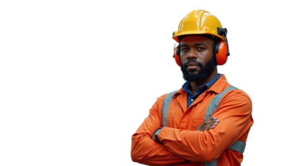 Construction worker in orange safety attire with hard hat and ear protection posing confidently