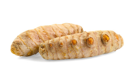 Two fresh turmeric roots isolated on white
