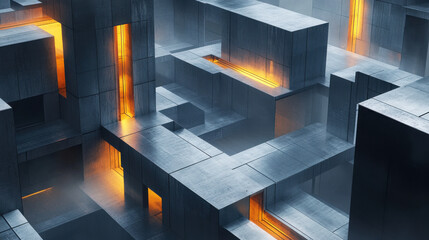 A vast, angular architectural maze with geometric cutouts and shadowed corridors, cold steel and concrete materials