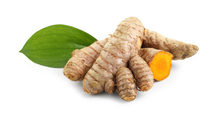 Tumeric rhizomes with leaf isolated on white