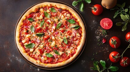 Australian Food Wholemeal crust pizza rossa Dish top view on a dark brown background