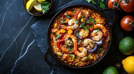Sea food Fideua Seafood dish from Valencia Spain Dish top view on a dark marble background