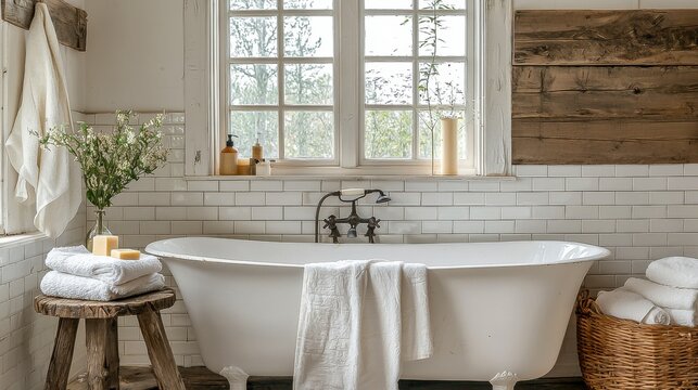 Cozy white wood cottage bathroom with wooden tub, tile, and still life of sponge and soap, amidst rustic modern architecture.