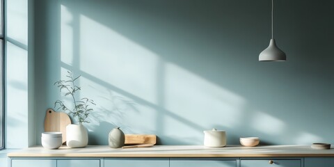 A modern kitchen interior featuring minimalist design elements and natural light