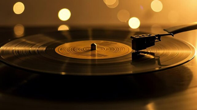 A warm lit close up of a vinyl record on a turntable