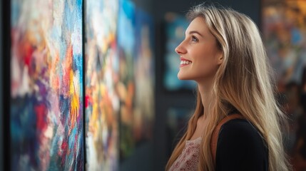 Naklejka premium Woman smiles while admiring abstract art.