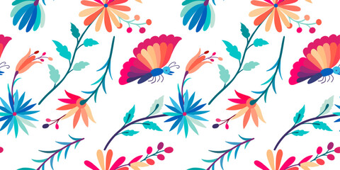 Folk Otomi style graphic, wallpaper. Colorful Mexican Traditional Textile Embroidery Style.