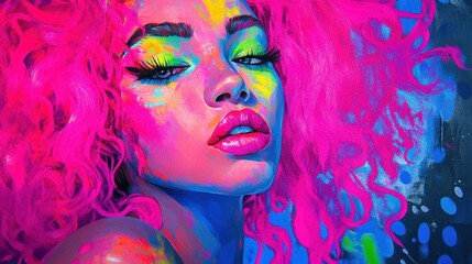 Fototapeta premium Vibrant Portrait of a Young Woman with Pink Hair in Neon Fashion