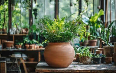 Handcrafted clay pot surrounded by natural greenery in a pottery studio