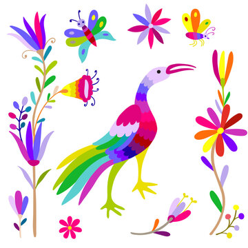 Colorful Traditional Textile Embroidery Style from Tenango, Hidalgo, Mexico - Otomi Composition